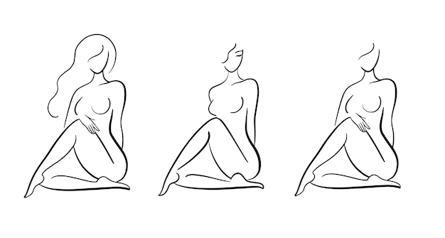 Female body sketch line drawing of a beautiful figure sitting elegant woman