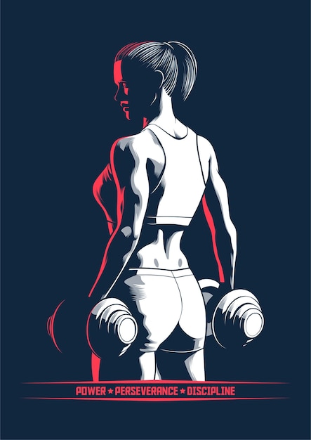 Vector female bodybuilder carrying dumbbells for poster and illustration