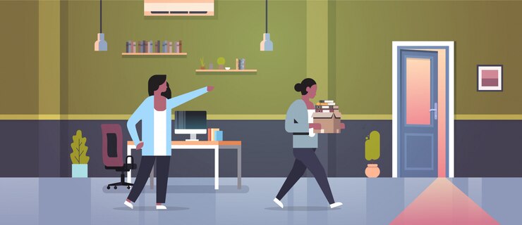 Vector female boss dismisses pointing finger at door fired woman employee with paper documents box dismissal unemployment jobless concept flat modern office interior