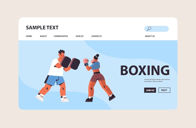 Female boxer practicing boxing exercises with male trainer healthy lifestyle boxing concept  copy space