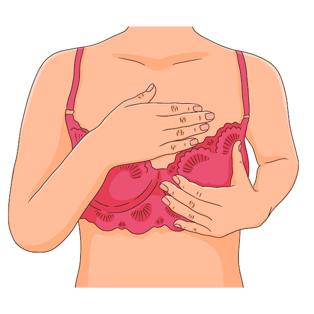 벡터 여성 유 방 건강 개념 핑크 레이스 브래지어를 착용 하는 여자. 자가 진단, 유방 조영술 개념.