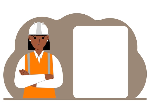Vettore un costruttore femminile in un casco duro e un giubbotto arancione si trova vicino a un grande foglio bianco
