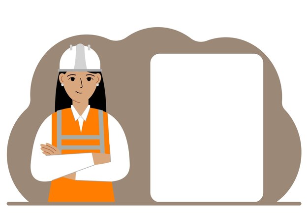 Vector a female builder in a hardhat and an orange vest stands near a large white sheet