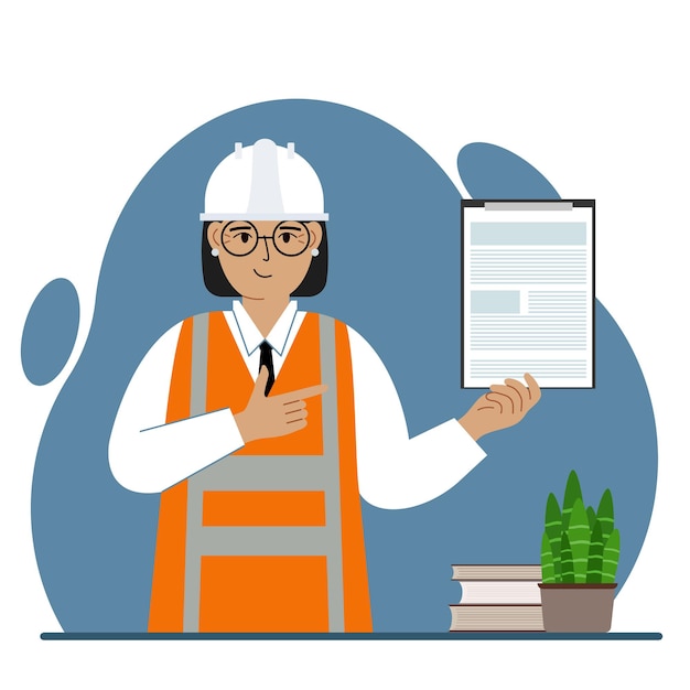 Female builder in a protective helmet and an orange vest. A woman holding a clipboard with a document. The concept of engineering quality control of the construction industry and repair services.