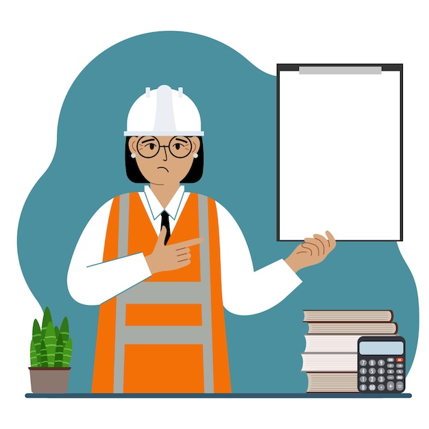 Female builder in a protective helmet and an orange vest. a woman holds a clipboard with white paper on which there is a place for text. vector flat illustration