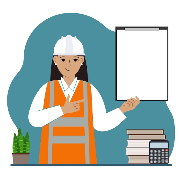 Female builder in a protective helmet and an orange vest. A woman holds a clipboard with white paper on which there is a place for text.