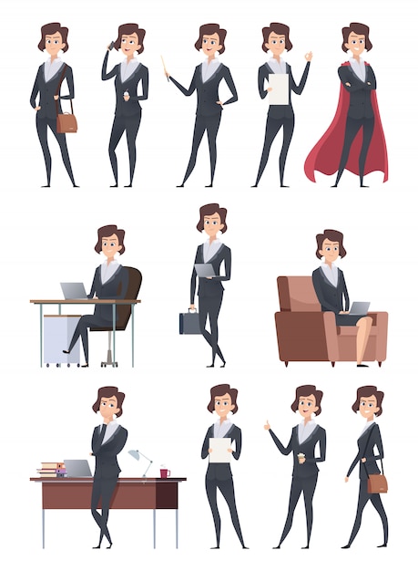 Vector female business characters. company office workers action pose making different works with self business items