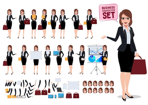 Female business characters vector set with office girl holding bag and talking with various pose