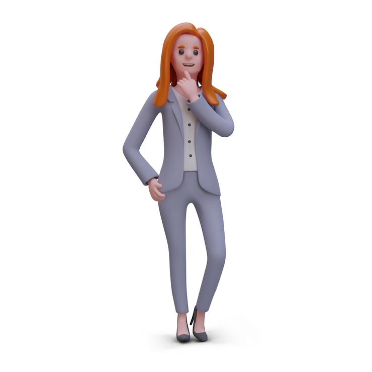 Vector female business worker standing and thinking 3d model of woman in office clothes generates new idea