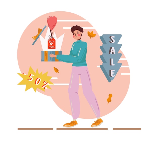 Vector female buying present with big discount