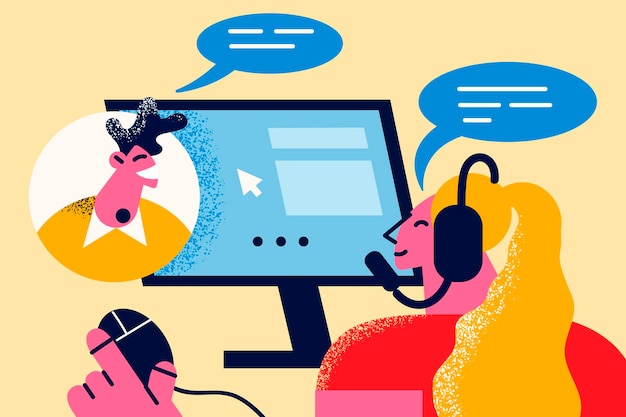 Female call center agent in headset work on computer talk with male client. Woman operator consult guy consumer on helpline online. Internet customer service. Flat vector illustration.