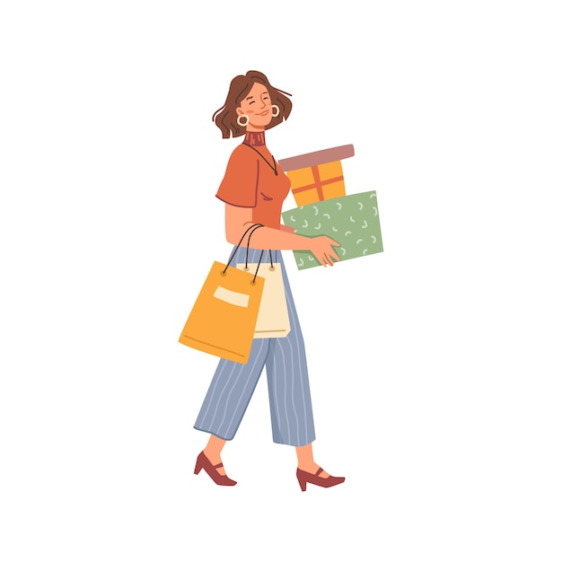 Female carrying shopping bags boxes and purchases