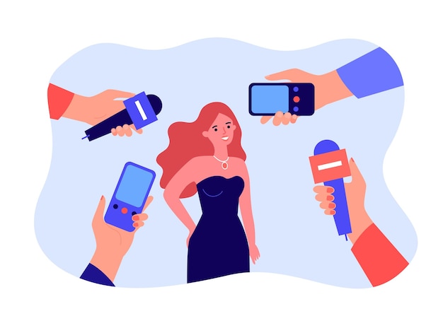 Female cartoon celebrity in dress and hands with mics. Journalists interviewing famous actress flat vector illustration. Interview, media concept for banner, website design or landing web page