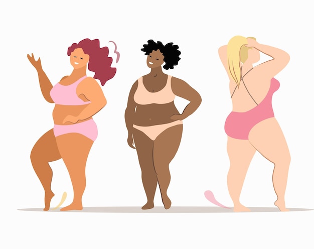 Personaggi dei cartoni animati femminili movimento positivo del corpo e diversità di bellezza illustrazione vettoriale