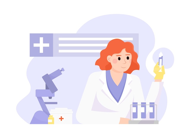 Female cartoon characters making vaccines Laboratory worker in white coat holding flask with vaccines and provide research Boosting immune system health Flu influenza or coronavirus protection