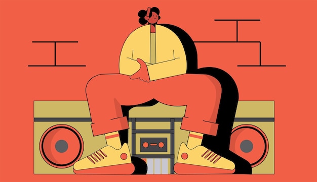 Vector female cartoon flat character sitting on a boombox