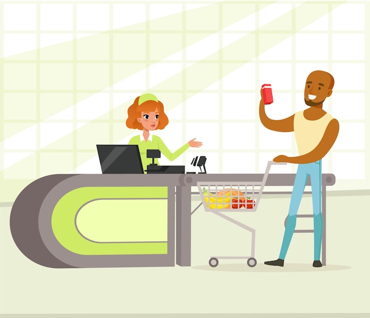 Vector female cashier and buyer with purchases young african american man shopping in supermarket vector illustration in flat style