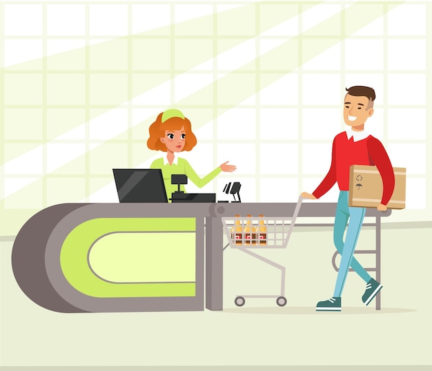 female cashier and buyer with purchases young man shopping in supermarket vector illustration in flat style