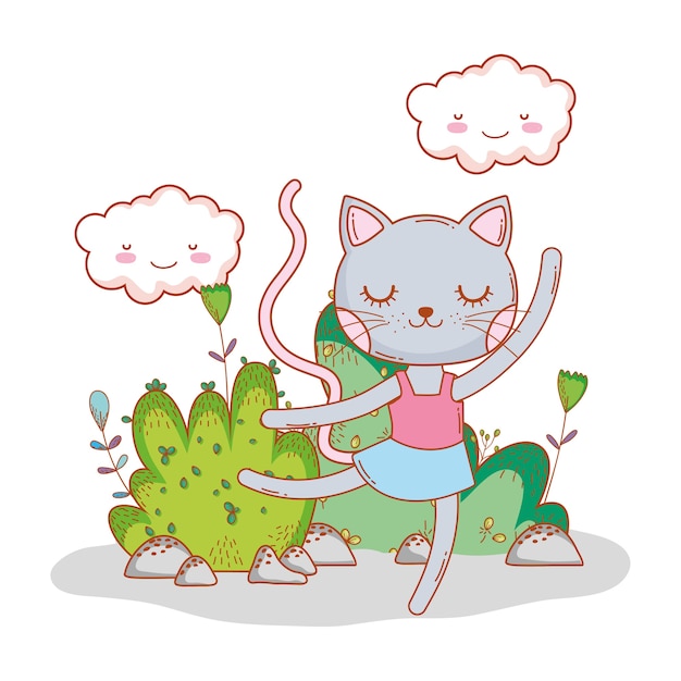 female cat with kawaii clouds and bushes