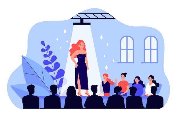 Vector female catwalk model showing fashionable dress flat  illustration. happy audience crowd sitting near stage and watching show. fashion runway exhibition and entertainment concept