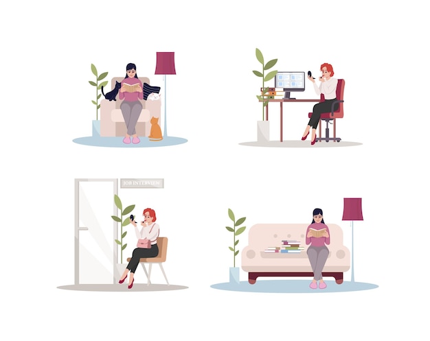 Female caucasian at home and work semi flat RGB color vector illustration set. Woman relax on sofa. Businesswoman wait for job interview. White woman isolated cartoon character on white background