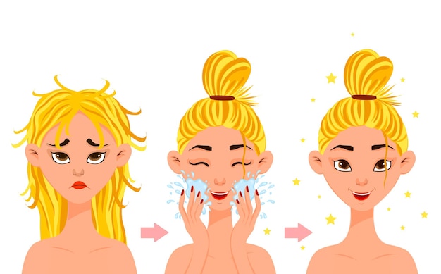 Female character "before" and "after" cosmetic procedure. Cartoon style. Vector illustration.