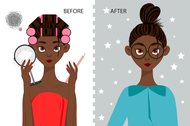 Vector female character before and after hairstyle and makeup