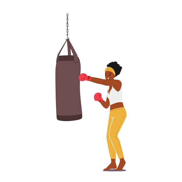 Female Character in Boxing Gloves Hitting Punching Bag Training Hit for Self Defense Practice or Prepare to Combat