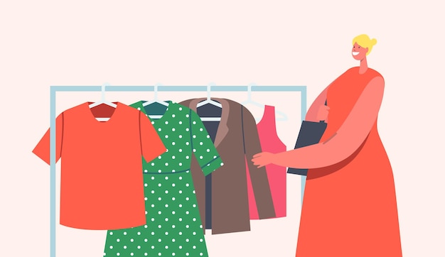 female character choose clothes to buy during outdoor garage sale event. woman watching different old clothing on hanger