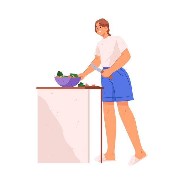 女性のキャラクターが家庭でサラダを調理するルーティン