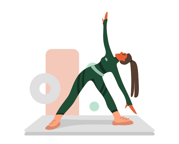 Female character doing yoga Asana for beginners Standing position trikonasana Self fitness Color vector illustration in flat style Healthy lifestyle and high physical activity level