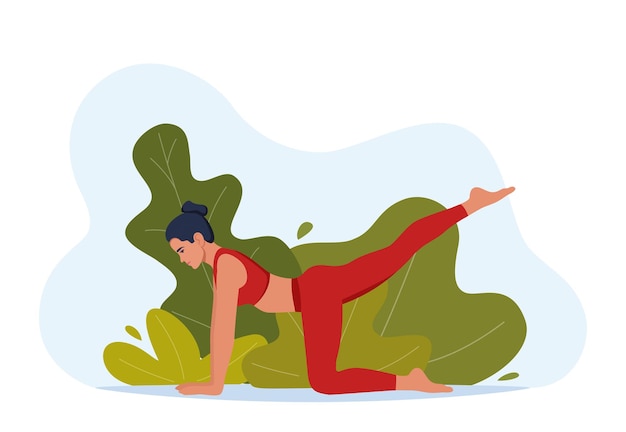 Vector female character doing yoga exercises on fresh air outdoor yoga