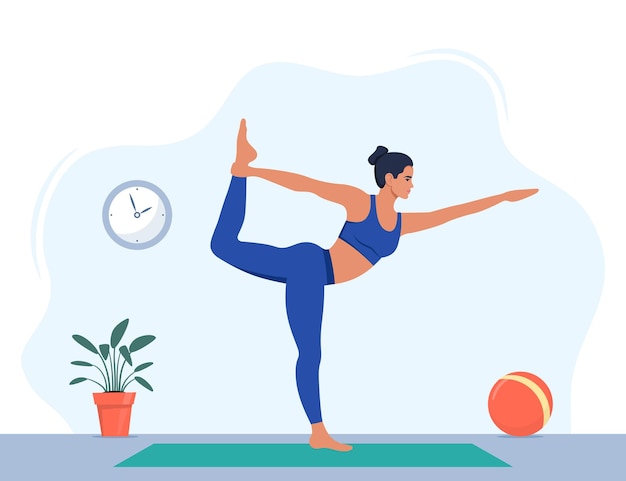 Female character doing yoga exercises at home Wellness healthcare and lifestyle