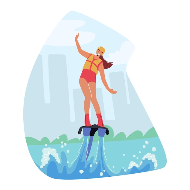 Vettore personaggio femminile che vola su flyboard che si libra sopra la superficie dell'acqua azionata da getti d'acqua ad alta pressione