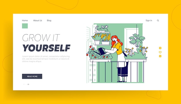 Женский персонаж садоводство хобби шаблон целевой страницы. женщина на балконе сад уход за растениями и полив зелени и овощей в горшках. домохозяйка поливает помидоры. линейная векторная иллюстрация