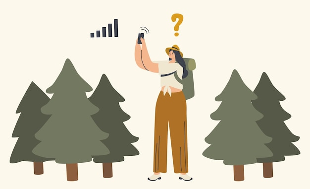 Female character get lost in forest. woman searching direction\
using smartphone satellite navigation app. outdoor adventure,\
hiking recreation, traveling on summer vacation. linear vector\
illustration