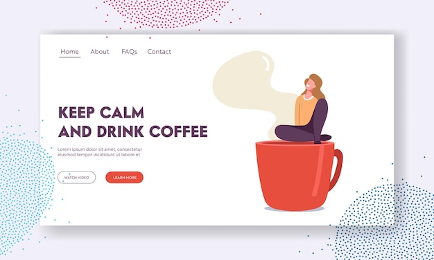 Vector female character having rest in recreational place landing page template. tiny woman relaxing on coffee break sit on huge steaming cup, girl visiting cafe or restaurant. cartoon vector illustration
