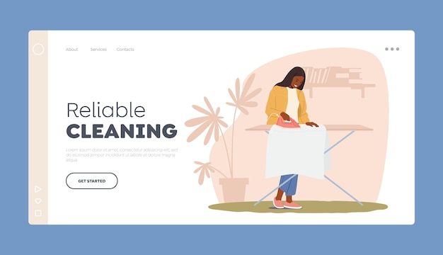 Female Character Housekeeping Work Landing Page Template Home Chores Housewife Ironing Clean Linen Young Woman Every Day Domestic Routine Iron Clothes on Board Cartoon Vector Illustration