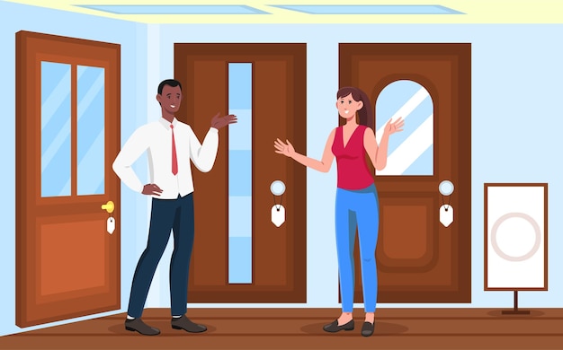 Vector female character is choosing doors in store for her apartment male smiling salesman is consulting a