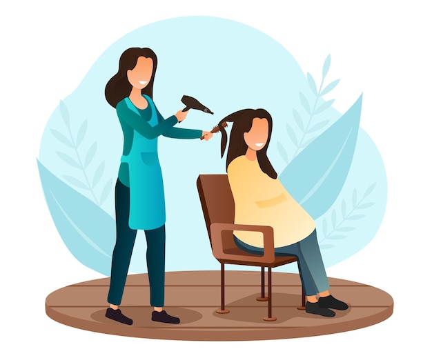 Vector female character is having her hair cut at hairdressing salon stylist drying customer hair with