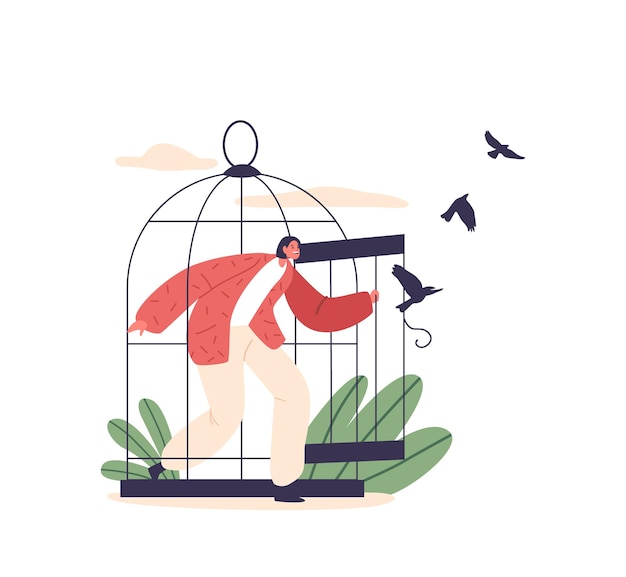 Vector female character leaving a cell with swallows liberated woman breaking free from the confines of a cage symbolizing empowerment freedom and the courage to defy limitations vector illustration