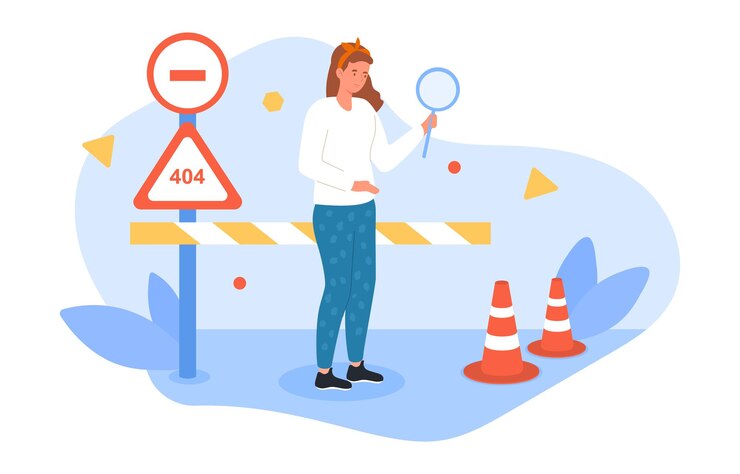 Vector female character looking at traffic cone with magnifier as road safety barrier concept of website