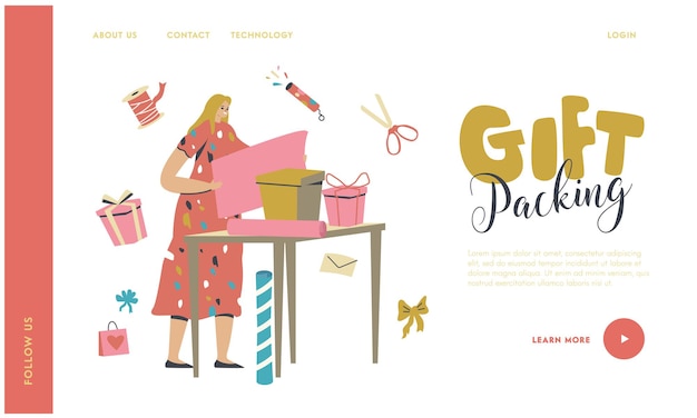 Female character making and packing gifts landing page template. woman wrapping boxes with decorative paper and bows. presents for birthday, valentines or anniversary. linear vector illustration