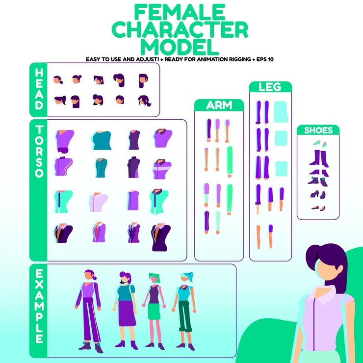 Vector female character models in vector ready for rigging animation  cartoon style peoples with various
