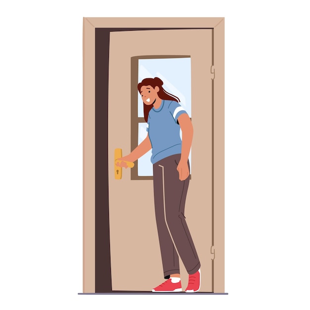 Personaggio femminile che apre la porta esce o entra in casa, ragazza in piedi alla porta aperta isolata su sfondo bianco. invito, ingresso a casa appartamento o ufficio. cartoon persone illustrazione vettoriale