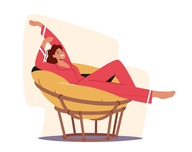 Female character in pajama stretching and relaxing in comfortable soft round chair