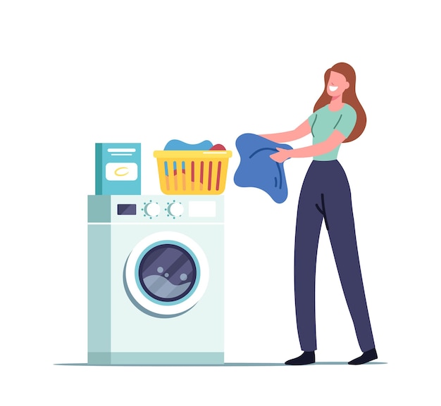 Female Character in Public Laundry or Bathroom Laying Clean Clothes to Basket, Load Dirty Clothing to Laundromat Machine