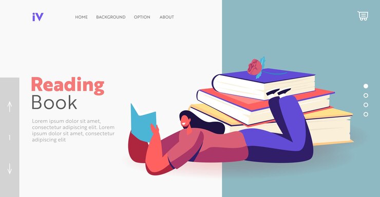 Vector female character reading literature lying near huge books pile landing page template. young woman spend time in library or prepare for examination gaining knowledge. cartoon people vector illustration