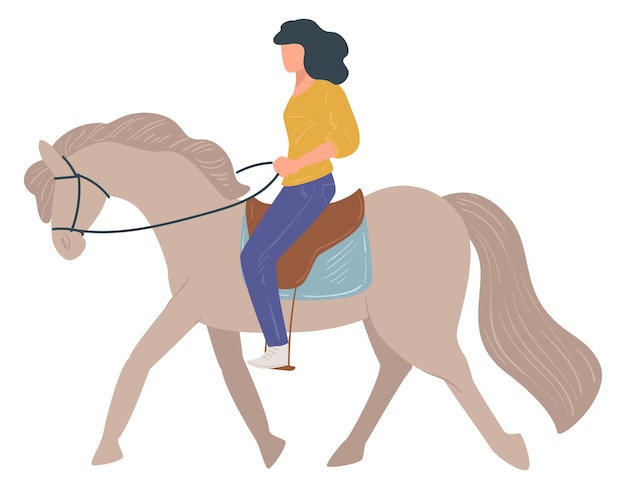 Female character riding horse, equine sports fun