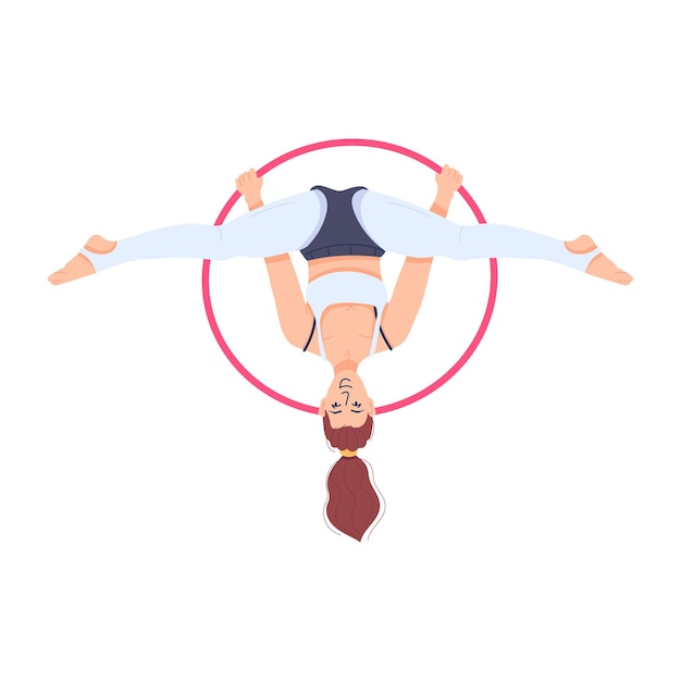 Vector female character on ring swing flat illustration